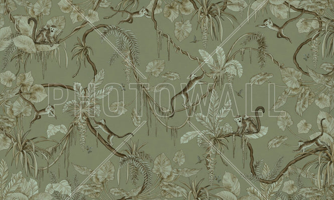 PHOTOWALL / Playful Monkeys - Monochrome - Green (e94967)