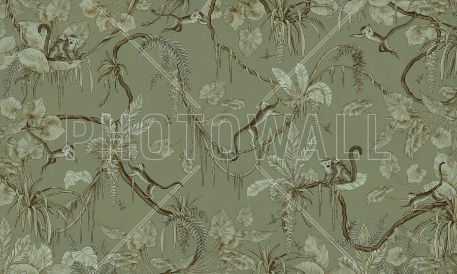 PHOTOWALL / Playful Monkeys - Monochrome - Green (e94967)