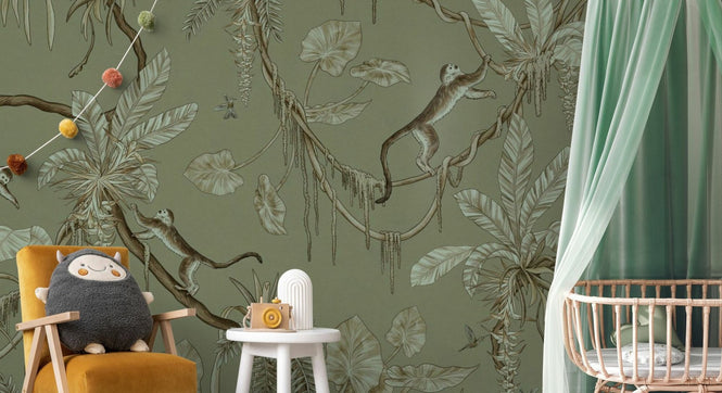 PHOTOWALL / Playful Monkeys - Monochrome - Green (e94967)