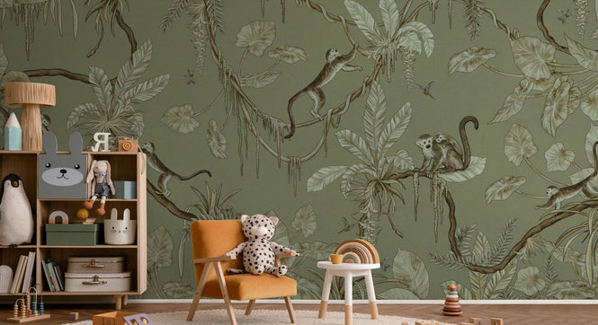 PHOTOWALL / Playful Monkeys - Monochrome - Green (e94967)