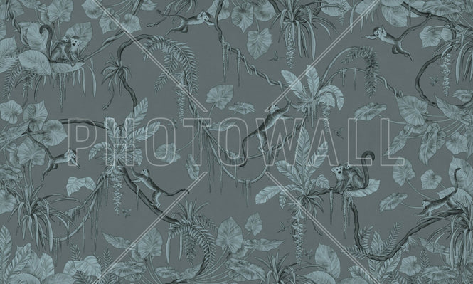 PHOTOWALL / Playful Monkeys - Monochrome - Blue (e94968)