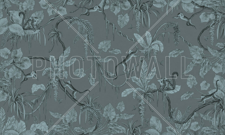 PHOTOWALL / Playful Monkeys - Monochrome - Blue (e94968)
