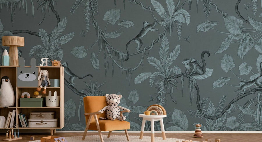 PHOTOWALL / Playful Monkeys - Monochrome - Blue (e94968)