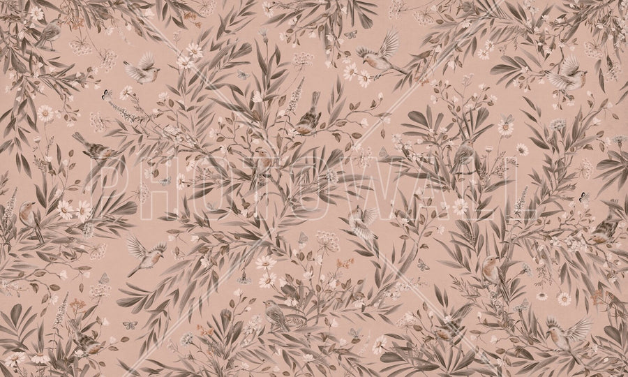 PHOTOWALL / Playful Robins - Monochrome - Pink (e94971)