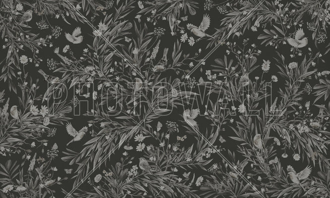 PHOTOWALL / Playful Robins - Monochrome - Black (e94973)