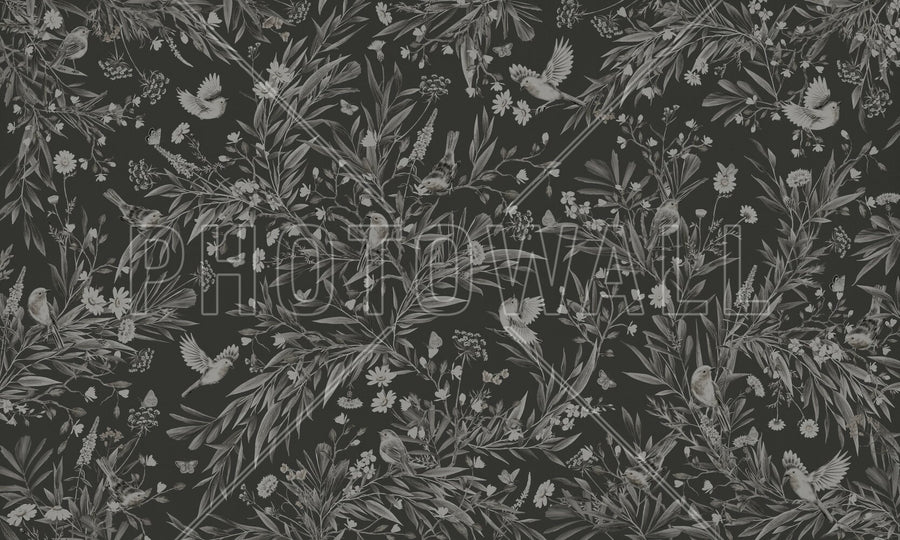 PHOTOWALL / Playful Robins - Monochrome - Black (e94973)
