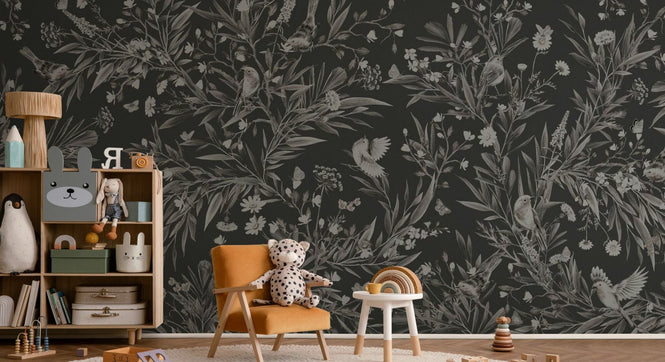 PHOTOWALL / Playful Robins - Monochrome - Black (e94973)