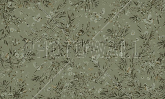 PHOTOWALL / Playful Robins - Monochrome - Green (e94977)