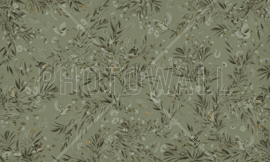 PHOTOWALL / Playful Robins - Monochrome - Green (e94977)