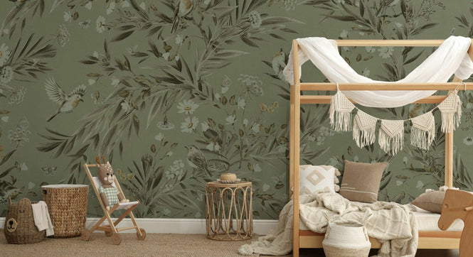 PHOTOWALL / Playful Robins - Monochrome - Green (e94977)
