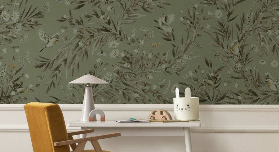 PHOTOWALL / Playful Robins - Monochrome - Green (e94977)