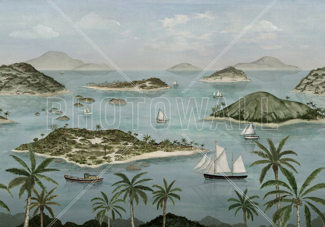 PHOTOWALL / Seaside Island Boats and Trees - Blue (e95172)