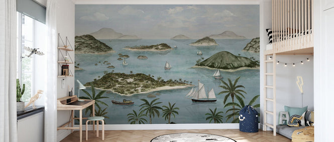 PHOTOWALL / Seaside Island Boats and Trees - Blue (e95172)