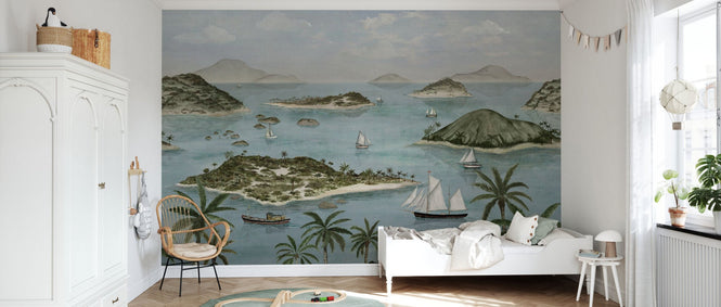 PHOTOWALL / Seaside Island Boats and Trees - Blue (e95172)