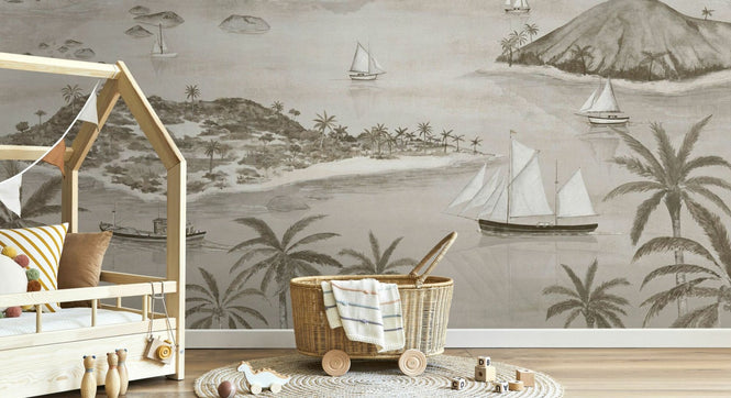 PHOTOWALL / Seaside Island Boats and Trees - Grey (e95173)