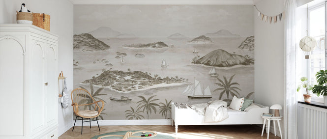 PHOTOWALL / Seaside Island Boats and Trees - Grey (e95173)