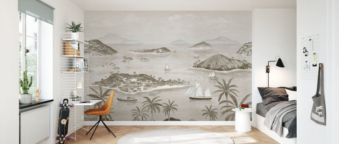 PHOTOWALL / Seaside Island Boats and Trees - Grey (e95173)
