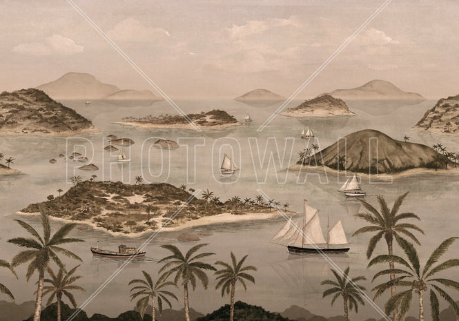 PHOTOWALL / Seaside Island Boats and Trees - Brown (e95174)