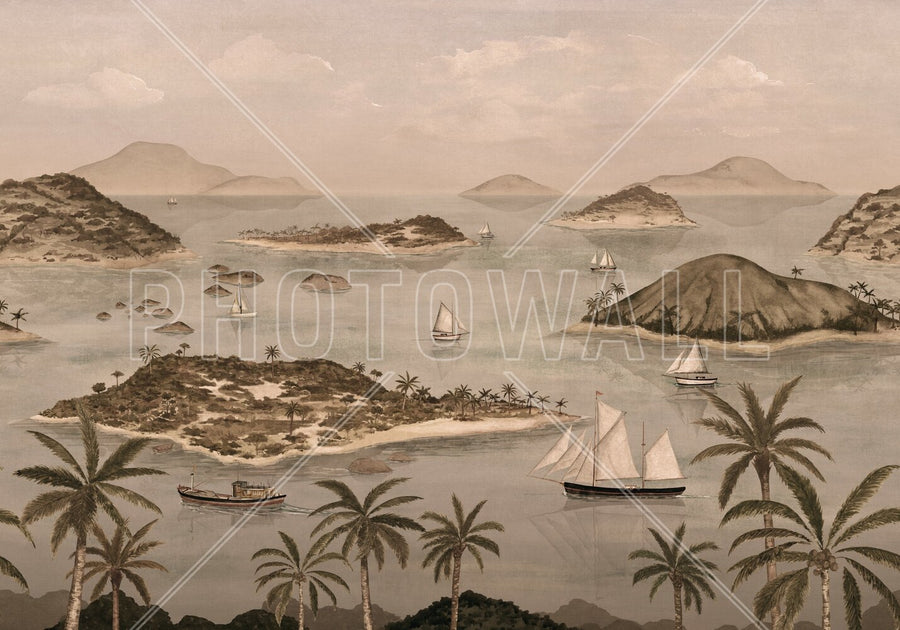 PHOTOWALL / Seaside Island Boats and Trees - Brown (e95174)