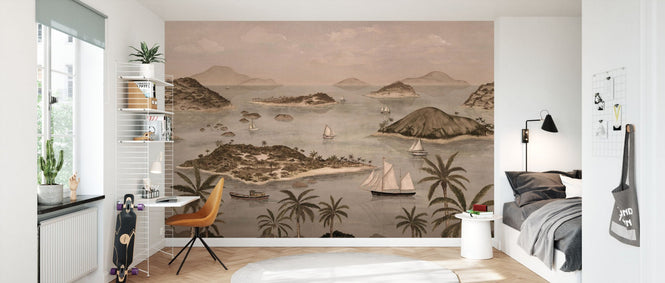 PHOTOWALL / Seaside Island Boats and Trees - Brown (e95174)