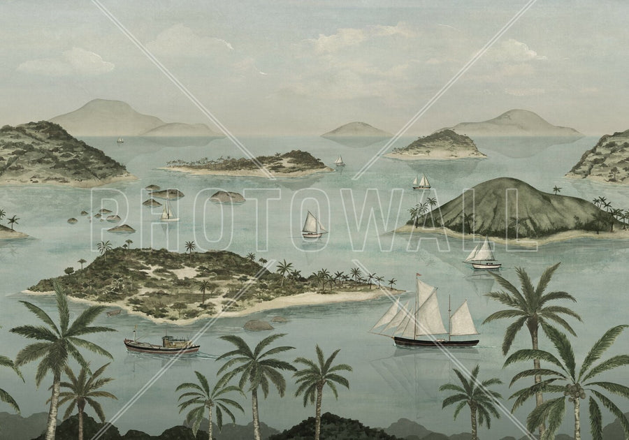PHOTOWALL / Seaside Island Boats and Trees - Green (e95175)