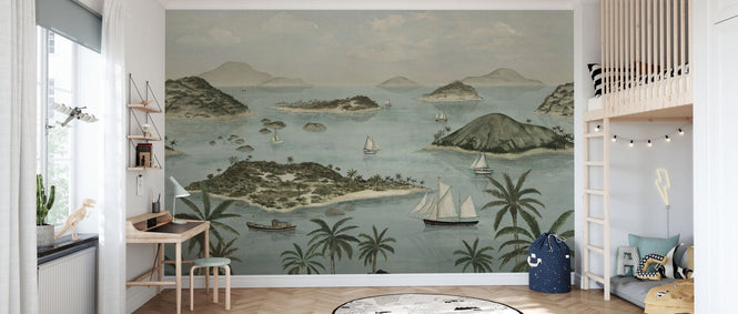PHOTOWALL / Seaside Island Boats and Trees - Green (e95175)