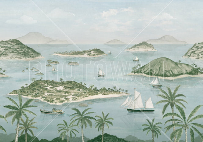 PHOTOWALL / Seaside Island Boats and Trees - Light Blue (e95182)