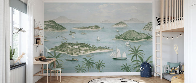 PHOTOWALL / Seaside Island Boats and Trees - Light Blue (e95182)