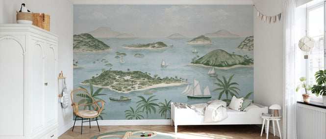 PHOTOWALL / Seaside Island Boats and Trees - Light Blue (e95182)