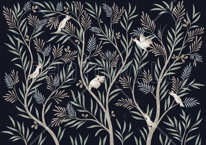 PHOTOWALL / Parrots in Trees - Dark Blue (e95203)