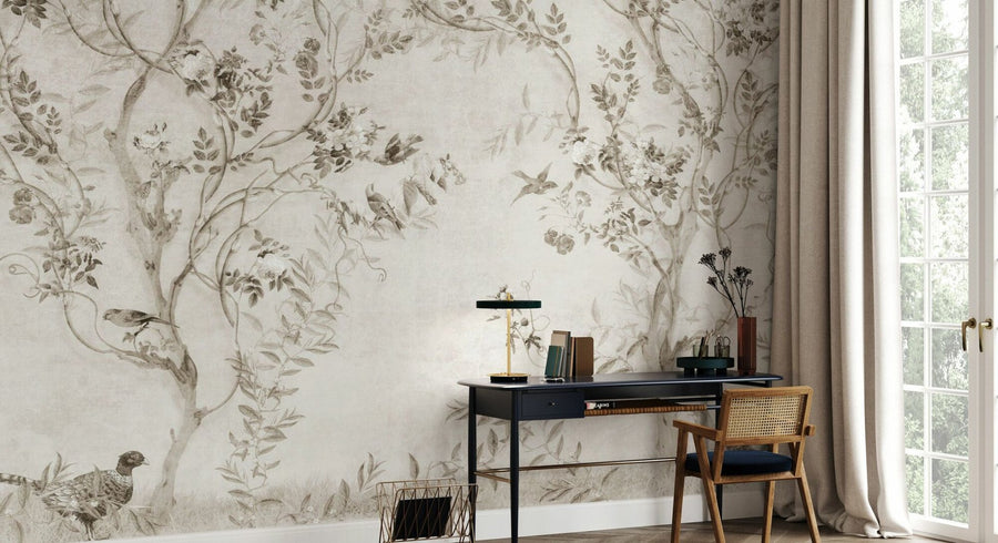 PHOTOWALL / Pretty Birds in Branches - Beige (e95213)