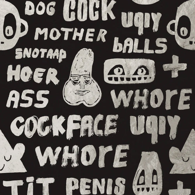 NLXL Gold Foil Wallpapers / Cursing Print by Bas Kosters / Silver Foil on black BKS-04