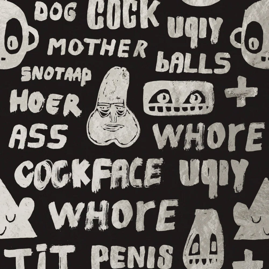 NLXL Gold Foil Wallpapers / Cursing Print by Bas Kosters / Silver Foil on black BKS-04