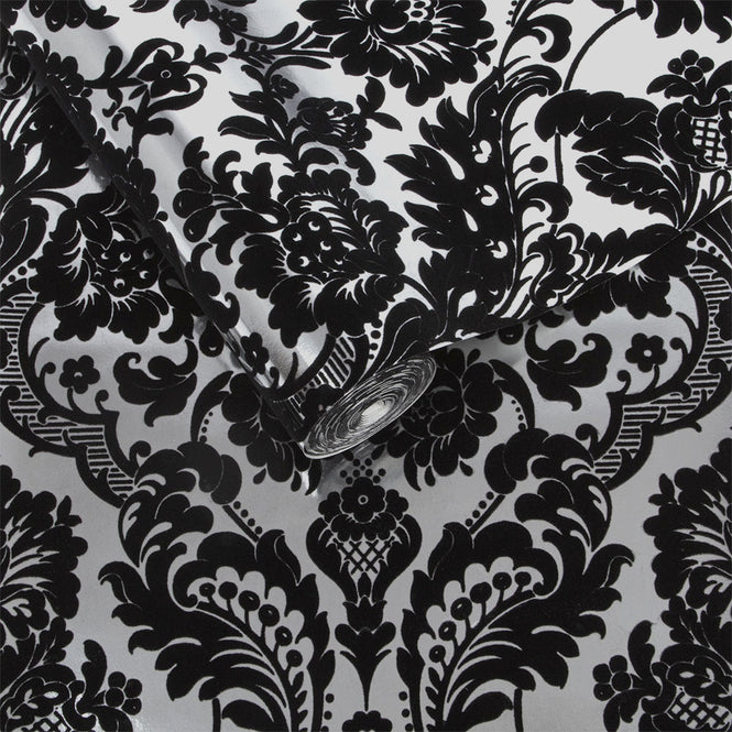 【1mサンプル】Graham & Brown / Gothic Damask Flock / Black & Silver 104562