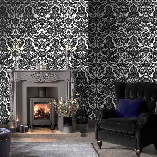 Graham & Brown / Gothic Damask Flock / Black & Silver 104562