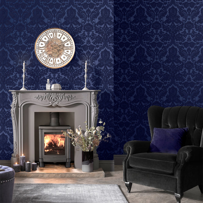 Graham & Brown / Gothic Damask Flock / Cobalt 104563