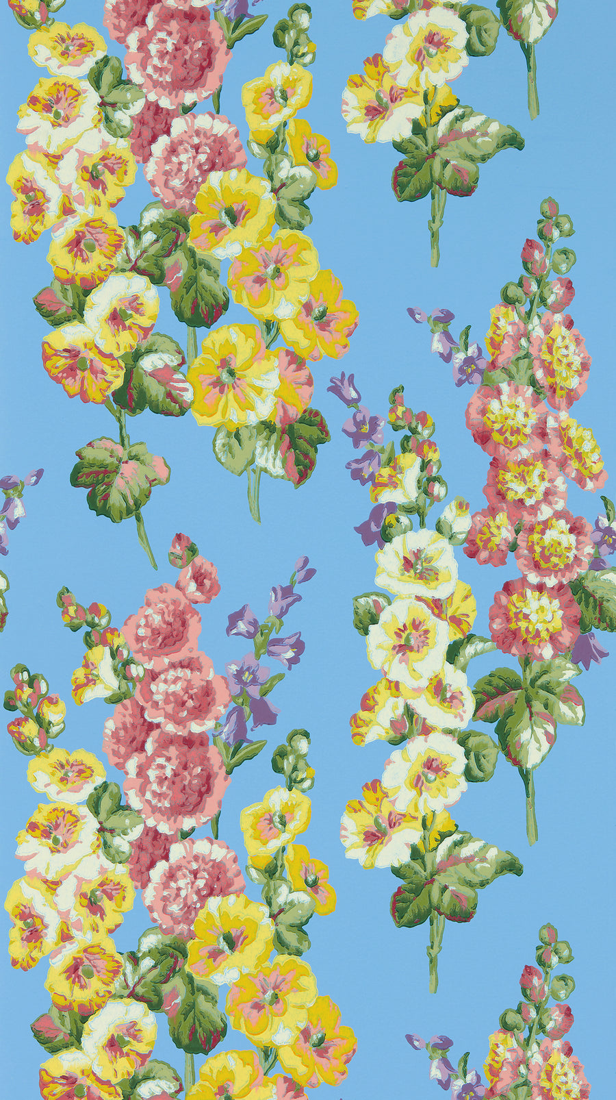 Sanderson / ONE SIXTY WALLPAPER COLLECTION / Hollyhocks Fire Pink / Bright Blue 217033