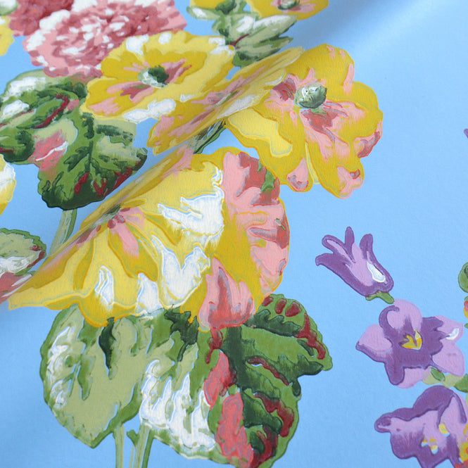 Sanderson / ONE SIXTY WALLPAPER COLLECTION / Hollyhocks Fire Pink / Bright Blue 217033
