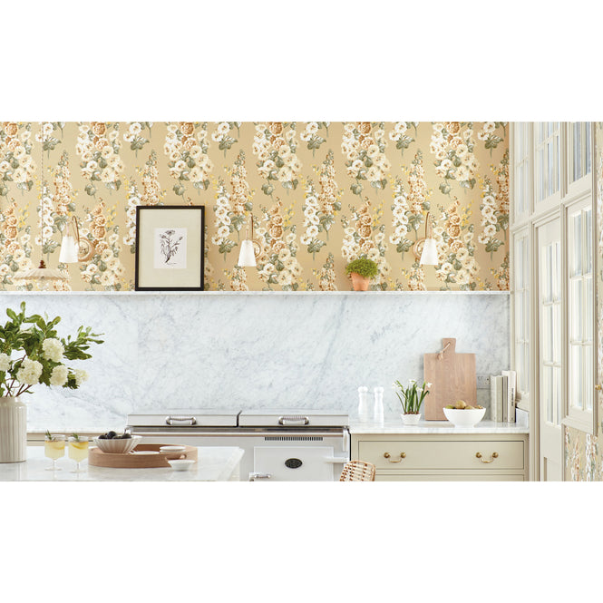 Sanderson / ONE SIXTY WALLPAPER COLLECTION / Hollyhocks Gold Metallic / Tan 217034