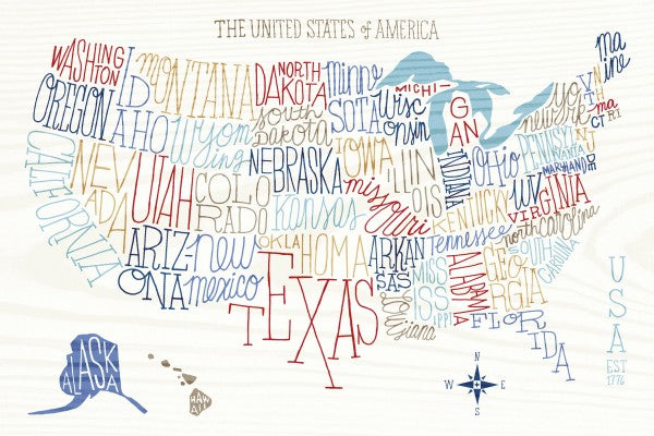PHOTOWALL / Hand Lettered US Map Colors (e23490)
