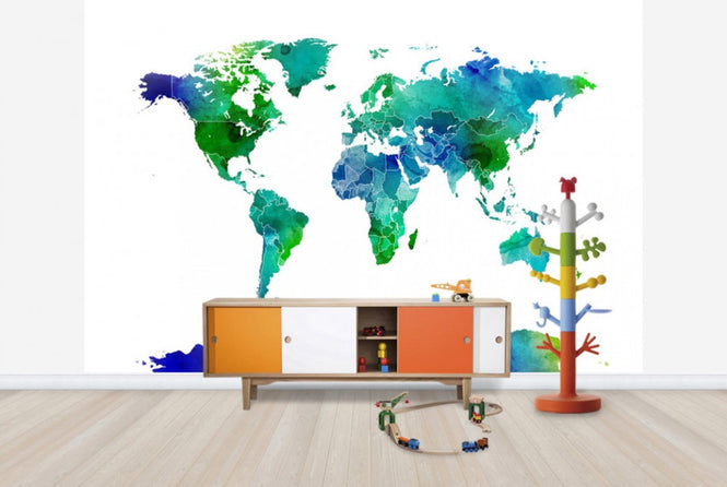 PHOTOWALL / Watercolor World Map Blue &amp; Green (e24217)