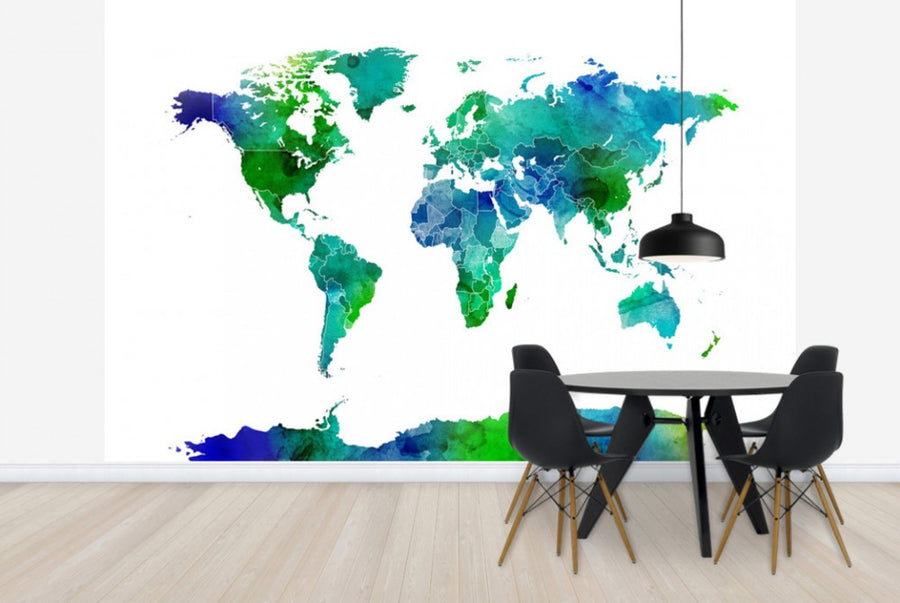PHOTOWALL / Watercolor World Map Blue &amp; Green (e24217)