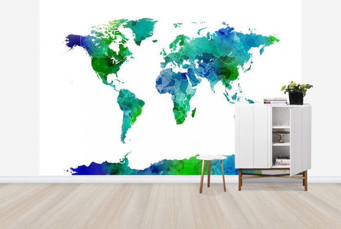 PHOTOWALL / Watercolor World Map Blue &amp; Green (e24217)