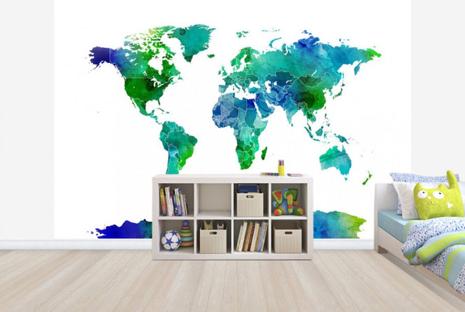 PHOTOWALL / Watercolor World Map Blue &amp; Green (e24217)