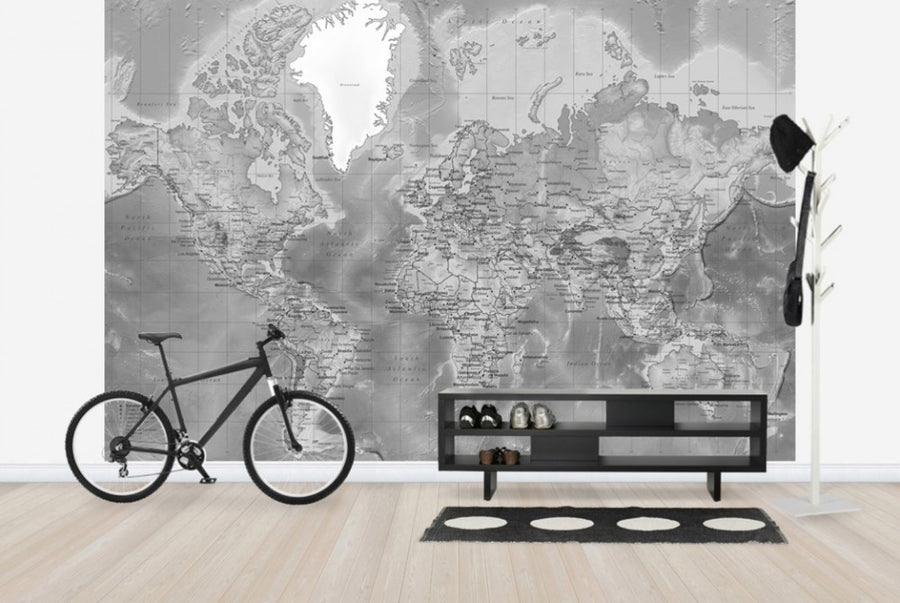 PHOTOWALL / World Map Detailed - Without Roads - Grey (e24436)