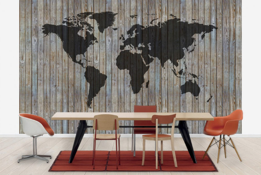 PHOTOWALL / World Map Wooden Plank - Old Silver (e40225)