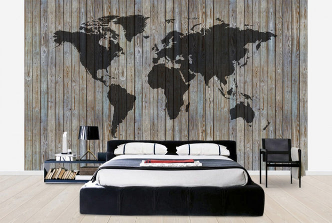 PHOTOWALL / World Map Wooden Plank - Old Silver (e40225)