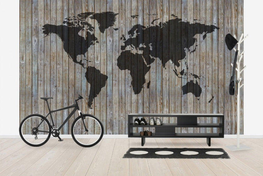 PHOTOWALL / World Map Wooden Plank - Old Silver (e40225)