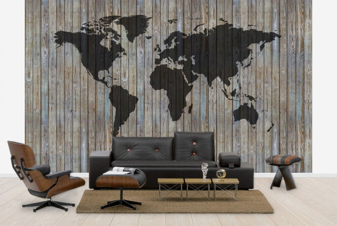 PHOTOWALL / World Map Wooden Plank - Old Silver (e40225)