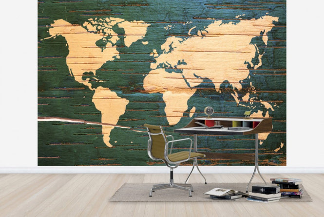 PHOTOWALL / World Map on Wooden Wall (e30324)